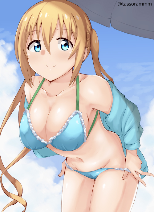 armpits bangs banned_artist bare_shoulders beach_umbrella bikini bikini_pull blend_s blonde_hair blue_bikini blue_eyes blue_jacket blue_sky blush breasts cleavage closed_mouth cloud collarbone commentary_request cowboy_shot day eyebrows_visible_through_hair groin hair_between_eyes halter_top halterneck hinata_kaho jacket large_breasts leaning_forward long_hair long_sleeves looking_at_viewer navel off_shoulder outdoors sky smile solo swimsuit tasora twitter_username umbrella undressing very_long_hair