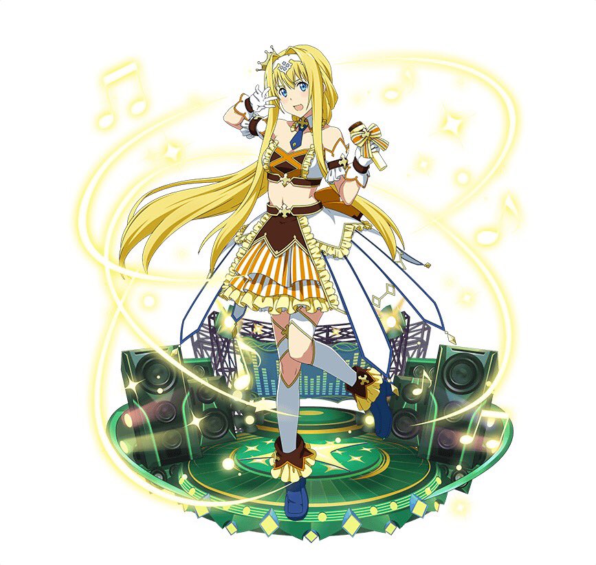 :d alice_schuberg arm_strap blonde_hair blue_eyes blue_footwear blue_neckwear bow crop_top crown detached_collar floating_hair full_body gloves hairband holding holding_microphone idol layered_skirt leg_up long_hair looking_at_viewer microphone midriff mini_crown musical_note navel necktie official_art open_mouth short_necktie simple_background skirt smile standing standing_on_one_leg stomach striped sword_art_online sword_art_online:_code_register vertical-striped_skirt vertical_stripes very_long_hair white_background white_gloves white_hairband white_legwear yellow_bow