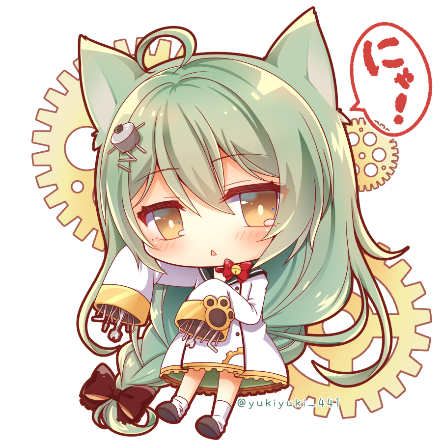 ahoge akashi_(azur_lane) animal_ears azur_lane bell bell_choker cat_ears choker commentary_request gears green_hair hair_ornament hairpin long_hair looking_at_viewer red_choker ribbon_choker screwdriver sleeves_past_wrists solo translated triangle_mouth twitter_username wrench yellow_eyes yukiyuki_441