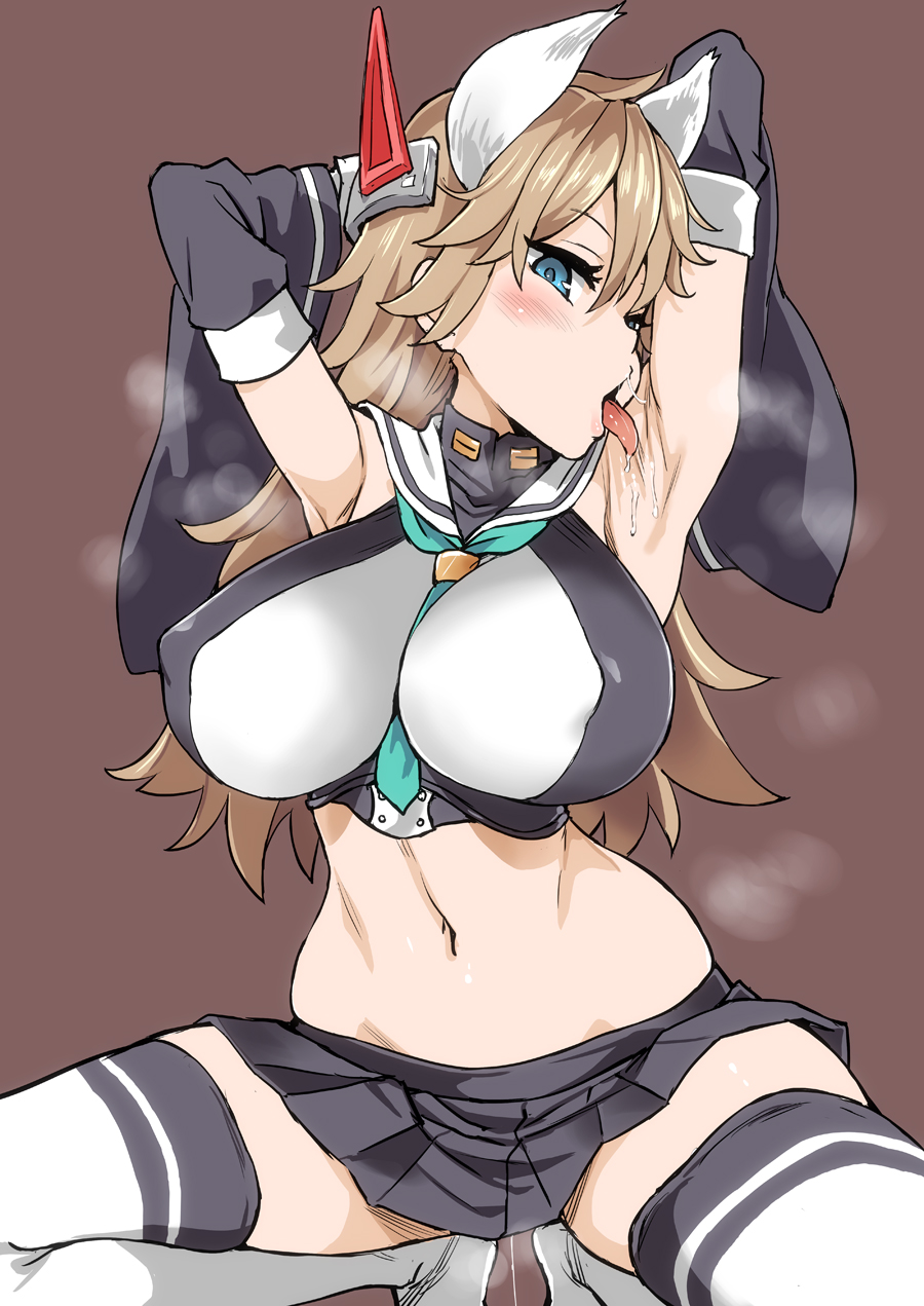 animal_ears armpit_licking armpits arms_up asanagi azur_lane between_breasts black_skirt blonde_hair blue_eyes blush breasts breath brown_background brown_hair commentary_request covered_nipples crop_top detached_sleeves furutaka_(azur_lane) highres impossible_clothes impossible_shirt large_breasts licking licking_self long_hair looking_at_viewer midriff miniskirt navel open_mouth pleated_skirt pussy_juice remodel_(azur_lane) sailor_collar sailor_shirt saliva shirt simple_background skirt solo spread_legs squatting thighhighs tongue tongue_out white_legwear wide_sleeves
