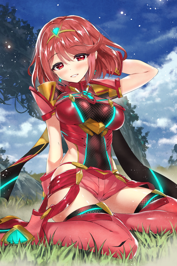 arm_up bangs blue_sky blush breasts circlet cloud cloudy_sky commentary_request day earrings eyebrows_visible_through_hair grass homura_(xenoblade_2) jewelry kibasuke long_hair looking_at_viewer medium_breasts outdoors parted_lips pink_legwear pink_shorts red_eyes red_hair revision short_hair short_shorts short_sleeves shorts sidelocks sky smile solo swept_bangs thighhighs xenoblade_(series) xenoblade_2