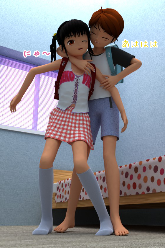 1boy 1girl 3d age_difference animated bedroom black_hair blush flat_chest loli playing shota tagme