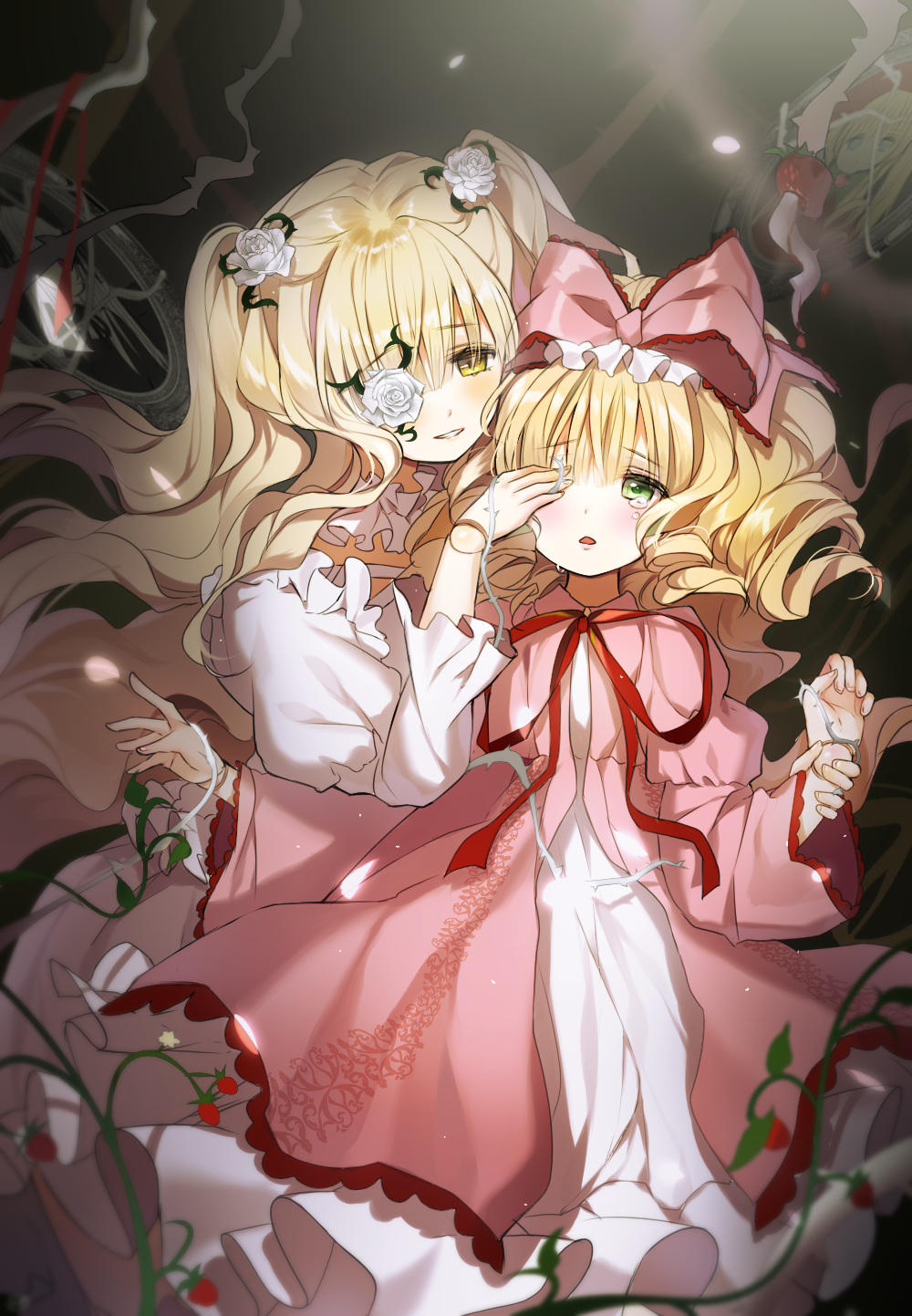 arm_grab blonde_hair blurry blush bow covering_another's_eye crying crying_with_eyes_open curly_hair depth_of_field doll_joints dress eyebrows_visible_through_hair eyepatch flower food fruit hair_between_eyes hair_bow hair_flower hair_ornament highres hina_ichigo kirakishou long_hair looking_at_another mullpull multiple_girls parted_lips pink_bow plant red_ribbon ribbon rose rozen_maiden shinku smile strawberry suigintou tears two_side_up very_long_hair vines white_dress white_flower white_rose yellow_eyes