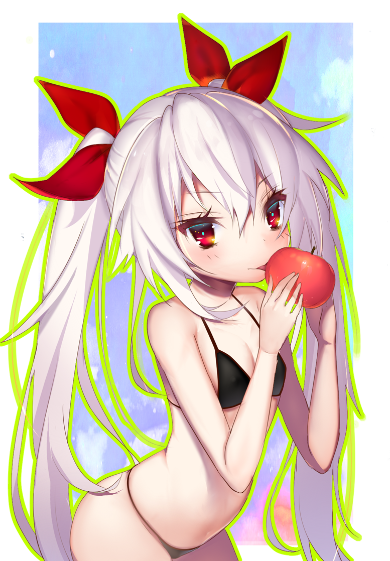 apple azur_lane bangs bare_arms bare_shoulders bikini black_bikini blush breasts cleavage collarbone commentary_request cowboy_shot eyebrows_visible_through_hair food fruit green_outline hair_between_eyes hair_ribbon hands_up holding holding_food licking long_hair looking_at_viewer mogullaz outline red_apple red_eyes red_ribbon ribbon sidelocks silver_hair small_breasts solo swimsuit tongue tongue_out tsurime twintails vampire_(azur_lane) very_long_hair