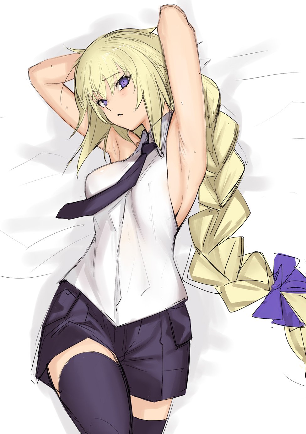 armpits bangs bare_arms bare_shoulders blonde_hair blush braid breasts collared_vest eyebrows_visible_through_hair fate/apocrypha fate_(series) hair_between_eyes hair_ribbon highres jeanne_d'arc_(fate) jeanne_d'arc_(fate)_(all) large_breasts long_hair looking_at_viewer lying necktie on_back parted_lips pleated_skirt purple_legwear purple_neckwear purple_skirt ribbon single_braid sketch skirt solo sweat tetsu_(kimuchi) thighhighs tress_ribbon very_long_hair vest white_vest
