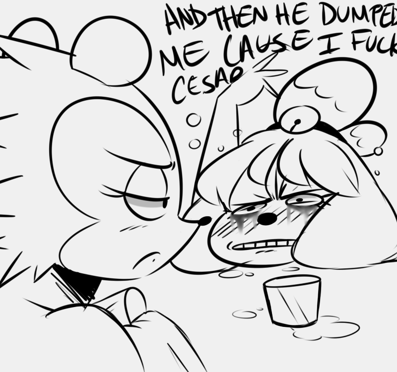 animal_crossing anthro blush canine crying dialogue dog drunk duo english_text female frown hedgehog isabelle_(animal_crossing) labelle_able mammal nintendo noodle-lu running_makeup tears text video_games
