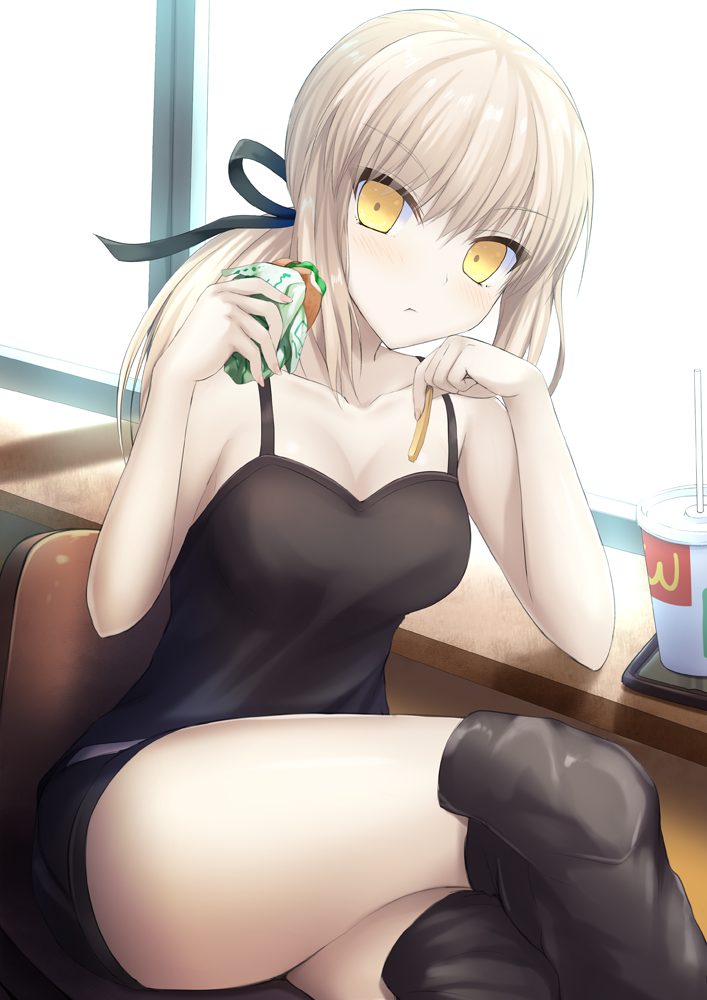 :t arm_support artoria_pendragon_(all) bare_arms bare_shoulders black_legwear black_ribbon blonde_hair blush brand_name_imitation breasts chair cleavage closed_mouth collarbone crossed_legs cup drinking_straw eating eyebrows_visible_through_hair fate/grand_order fate_(series) food hair_ribbon hamburger holding holding_food indoors leaning_to_the_side long_hair low_ponytail mcdonald's medium_breasts ponytail ribbon saber_alter sidelocks sitting sleeveless solo taiki_ken tank_top thighhighs thighs v-shaped_eyebrows window windowsill wrapper yellow_eyes
