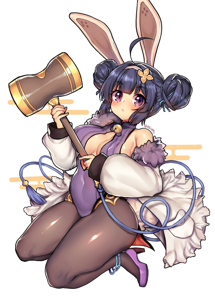 ahoge animal_ears anklet azur_lane bad_id bad_pixiv_id bare_shoulders blush breasts bunny_ears closed_mouth covered_navel double_bun eyebrows_visible_through_hair full_body grey_legwear hair_ornament hairband hammer high_heels jewelry large_breasts legs_together leotard looking_at_viewer ning_hai_(azur_lane) osiimi pantyhose purple_eyes purple_footwear purple_hair purple_leotard short_hair solo tassel twitter_username
