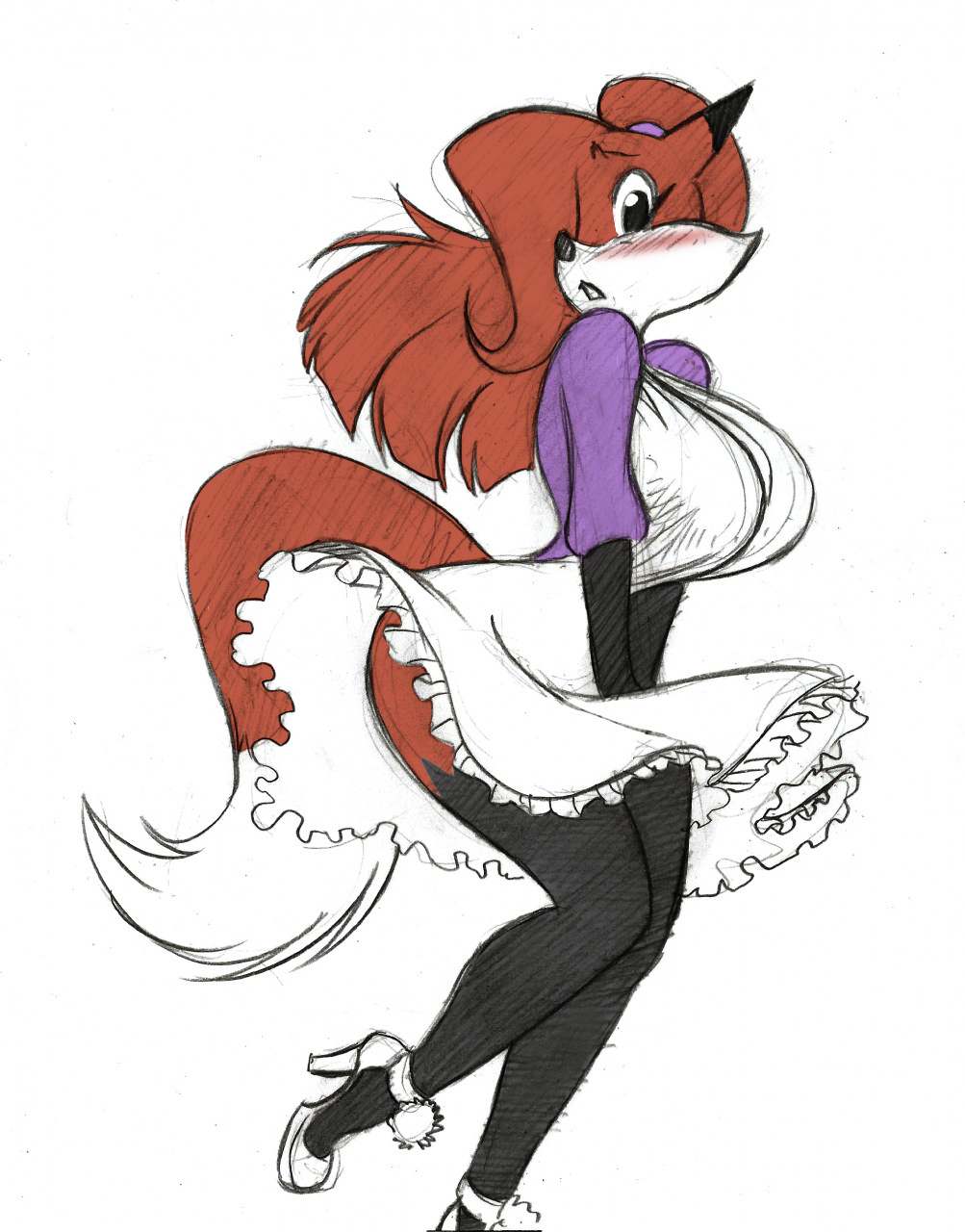 auntie_vixen big_breasts blush breasts canine chochi clothing dipstick_tail dress female footwear fox fur gloves_(marking) hair hair_over_eye high_heels looking_at_viewer mammal markings multicolored_tail plantigrade ponytail raised_leg red_fur red_hair shoes solo