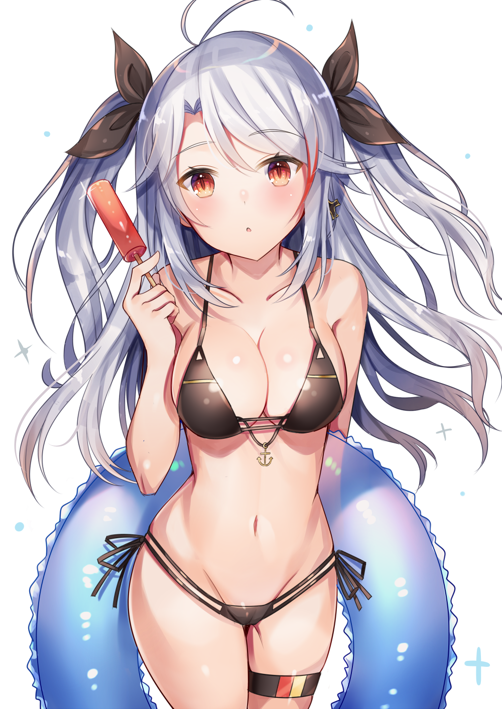 :o anchor antenna_hair aozora_nan arm_behind_back azur_lane bangs bare_arms bare_shoulders bikini black_bikini blue_innertube blush breasts cameltoe cleavage collarbone commentary_request cowboy_shot cross cross_earrings earrings eyebrows_visible_through_hair food groin highres holding holding_food innertube jewelry long_hair looking_at_viewer medium_breasts multi-strapped_bikini multicolored_hair navel parted_bangs parted_lips prinz_eugen_(azur_lane) red_eyes red_hair side-tie_bikini sidelocks silver_hair simple_background solo sparkle standing stomach streaked_hair swimsuit thigh_strap two_side_up very_long_hair white_background