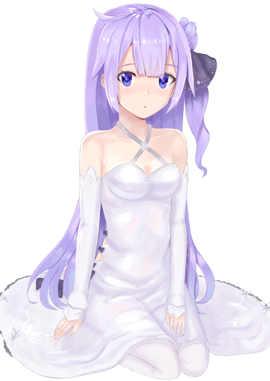 ahoge azur_lane bangs bare_shoulders black_ribbon blush breasts collarbone commentary_request detached_sleeves dress eyebrows_visible_through_hair full_body hair_bun hair_ribbon halterneck long_hair long_sleeves looking_at_viewer medium_breasts one_side_up parted_lips purple_eyes purple_hair ribbon rishira side_bun sidelocks simple_background sitting sleeves_past_wrists solo unicorn_(azur_lane) very_long_hair wariza white_background white_dress