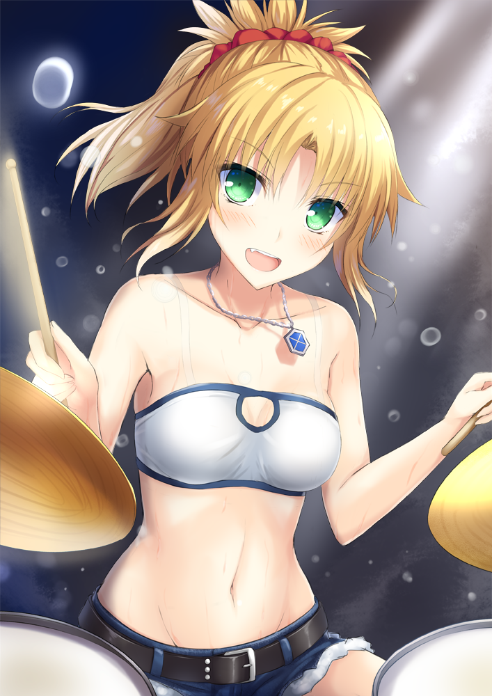 :d bandeau bangs bare_arms bare_shoulders belt belt_buckle blonde_hair blush breasts buckle cleavage cleavage_cutout collarbone cowboy_shot cutoffs denim denim_shorts drum drum_set drumsticks eyebrows_visible_through_hair fang fate/apocrypha fate/grand_order fate_(series) green_eyes groin holding instrument jewelry light_beam long_hair medium_breasts mordred_(fate) mordred_(fate)_(all) motion_blur navel necklace open_mouth parted_bangs pendant ponytail short_shorts shorts sidelocks sitting smile solo stomach sweat taiki_ken