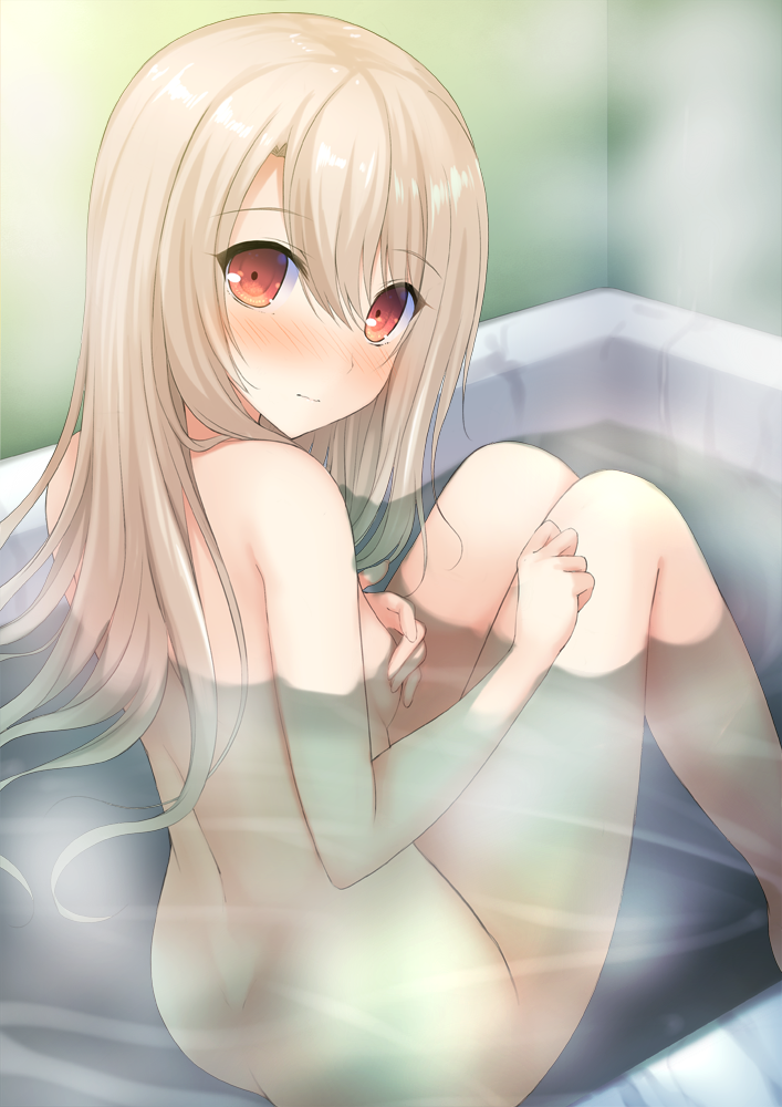 ass back bangs bathing bathtub blonde_hair blush breasts closed_mouth covering covering_breasts dimples_of_venus embarrassed eyebrows_visible_through_hair fate/stay_night fate_(series) from_behind illyasviel_von_einzbern knees_up legs_together long_hair looking_at_viewer looking_back nose_blush shiny shiny_hair sideboob sitting small_breasts smile solo steam taiki_ken tareme water