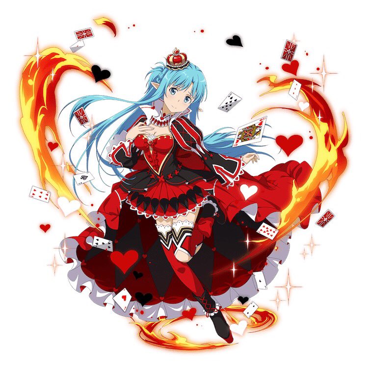asuna_(sao) asuna_(sao-alo) blue_eyes blue_hair breasts card choker cleavage crown dress fire floating_hair full_body head_tilt heart jpeg_artifacts leg_up long_hair looking_at_viewer medium_breasts mini_crown official_art pointy_ears red_dress red_legwear short_dress simple_background smile solo sparkle sword_art_online sword_art_online:_code_register thighhighs very_long_hair white_background