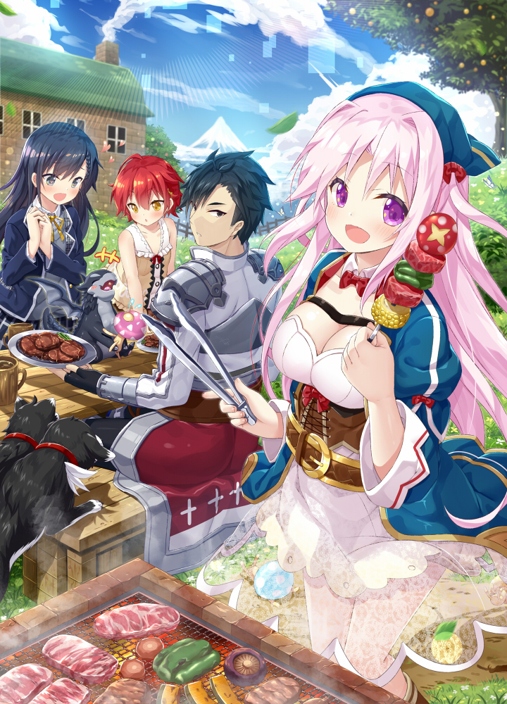 1boy 3girls :d armor barbecue berudoru_(monster_factory) black_hair commentary_request cover_image day dog dragon fingerless_gloves food fubuki_(monster_factory) gloves grill heart heart-shaped_pupils jinii_(monster_factory) koutasu_(monster_factory) long_hair looking_at_viewer meat monster_factory multiple_girls official_art open_mouth outdoors pink_hair plate purple_eyes red_hair resuka_(monster_factory) short_hair smile symbol-shaped_pupils table vambraces yano_mitsuki yellow_eyes