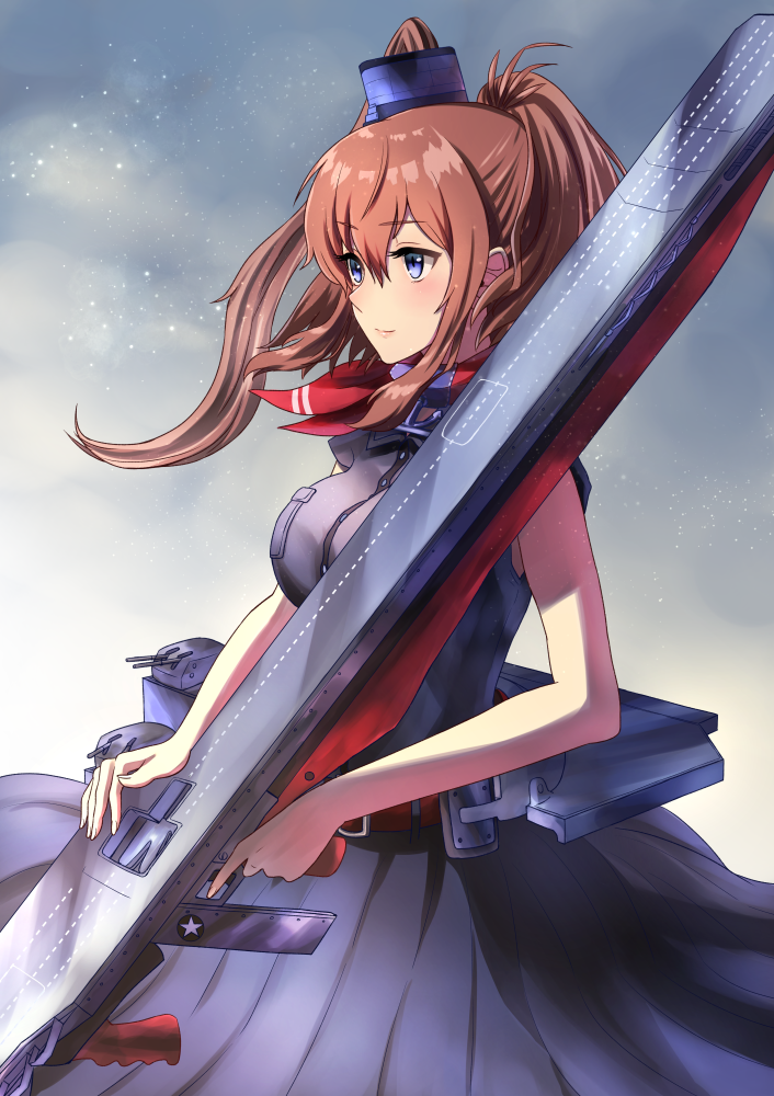 banned_artist black_dress blue_eyes breast_pocket breasts brown_hair cowboy_shot dress hair_between_eyes hair_ornament itsuwa_(continue) kantai_collection large_breasts long_hair machinery neckerchief pocket ponytail red_neckwear remodel_(kantai_collection) revision saratoga_(kantai_collection) side_ponytail sidelocks signature solo standing