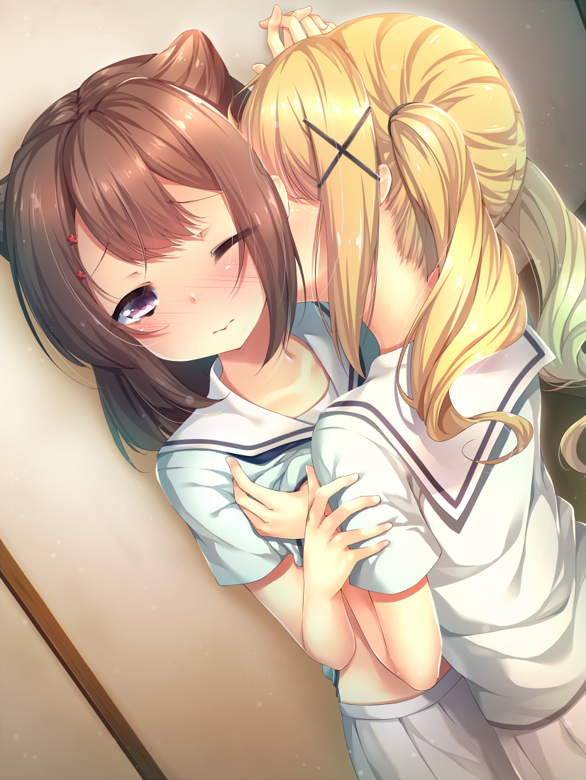 against_wall arm_grab bang_dream! bangs blonde_hair blush brown_hair chiyonekoko closed_mouth commentary dutch_angle eyebrows_visible_through_hair fingernails from_side hair_ornament hair_tie hanasakigawa_school_uniform hidden_face holding_hands ichigaya_arisa indoors interlocked_fingers kiss lifted_by_another long_hair looking_at_viewer multiple_girls nail_polish nose_blush one_eye_closed pleated_skirt purple_eyes school_uniform serafuku shirt shirt_lift short_sleeves sidelocks skirt star star_hair_ornament toyama_kasumi twintails white_nails white_shirt white_skirt x_hair_ornament yuri