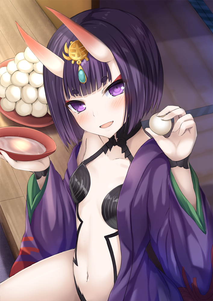 :d bangs bare_shoulders blunt_bangs blush collarbone cup eyebrows_visible_through_hair eyeshadow fangs fate/grand_order fate_(series) flat_chest food holding holding_cup holding_food horns japanese_clothes kimono long_sleeves looking_at_viewer makeup mochi navel off_shoulder on_floor oni oni_horns open_mouth purple_eyes purple_hair purple_kimono revealing_clothes sakazuki shuten_douji_(fate/grand_order) sitting smile solo stomach taiki_ken thighs wagashi wide_sleeves wooden_floor