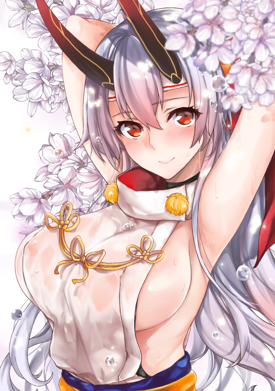 armpits arms_up bangs blurry blush breasts closed_mouth depth_of_field fate/grand_order fate_(series) flower headband highres horns large_breasts lips long_hair looking_at_viewer nipples oni_horns patchouligo pom_pom_(clothes) red_eyes sash see-through shiny shiny_skin sideboob silver_hair sleeveless sleeveless_turtleneck smile solo sweat tareme tomoe_gozen_(fate/grand_order) turtleneck upper_body very_long_hair water_drop wet wet_clothes white_background