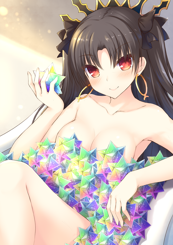 armpits bangs bathtub blush breasts cleavage closed_mouth collarbone earrings eyebrows_visible_through_hair fate/grand_order fate_(series) gem holding hoop_earrings ishtar_(fate/grand_order) jewelry light lips long_hair medium_breasts nude parted_bangs red_eyes saint_quartz shiny shiny_hair smile solo stellated_octahedron taiki_ken thighs tiara two_side_up