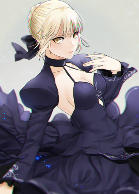 artoria_pendragon_(all) bangs black_ribbon blonde_hair blurry breasts cleavage closed_mouth collarbone depth_of_field dress expressionless eyebrows_visible_through_hair fate/stay_night fate_(series) from_side grey_background hair_ribbon halter_dress hand_on_own_chest hand_up juliet_sleeves kanameyura long_sleeves looking_at_viewer looking_to_the_side medium_breasts puffy_sleeves purple_dress ribbon saber_alter short_hair simple_background solo upper_body yellow_eyes