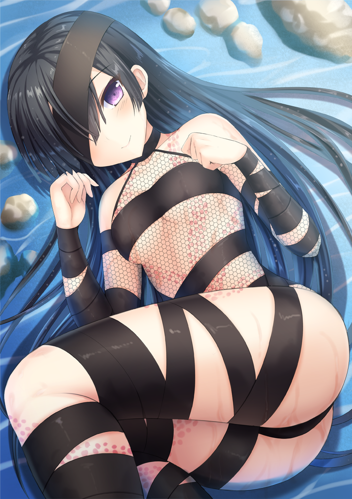 ass bandaged_arm bandaged_leg bandages bare_shoulders black_hair blush breasts closed_mouth collarbone fate/grand_order fate_(series) fishnets from_above hands_up long_hair looking_at_viewer lying mochizuki_chiyome_(fate/grand_order) on_side one_eye_covered purple_eyes revealing_clothes rock small_breasts smile solo taiki_ken tattoo thighs underboob very_long_hair water wet
