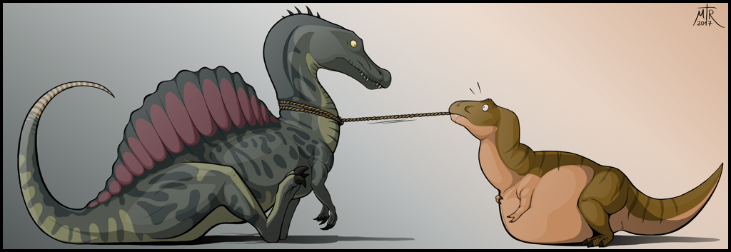 belly big_belly comic dinosaur feral feral_on_feral imminent_vore large_prey male male_pred mentalraven oral_vore overweight rothar simple_background size_difference small_pred soft_vore spinosaurus stomach theropod tyrannosaurus_rex vore