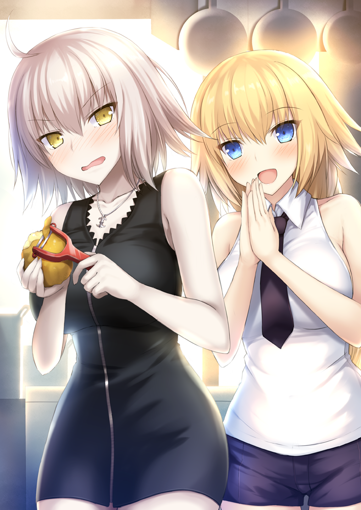 :d ahoge bangs bare_arms bare_shoulders black_dress black_neckwear blonde_hair blue_eyes blush braid breasts collarbone collared_shirt cowboy_shot dress embarrassed eyebrows_visible_through_hair fate/grand_order fate_(series) food holding holding_food indoors jeanne_d'arc_(alter)_(fate) jeanne_d'arc_(fate) jeanne_d'arc_(fate)_(all) jewelry kitchen large_breasts long_hair looking_at_viewer multiple_girls necklace necktie open_mouth own_hands_together palms_together peeler pendant pot potato purple_shorts shirt short_dress short_hair short_shorts shorts sideboob silver_hair single_braid sleeveless sleeveless_shirt smile standing taiki_ken v-shaped_eyebrows very_long_hair wavy_mouth white_shirt wing_collar yellow_eyes