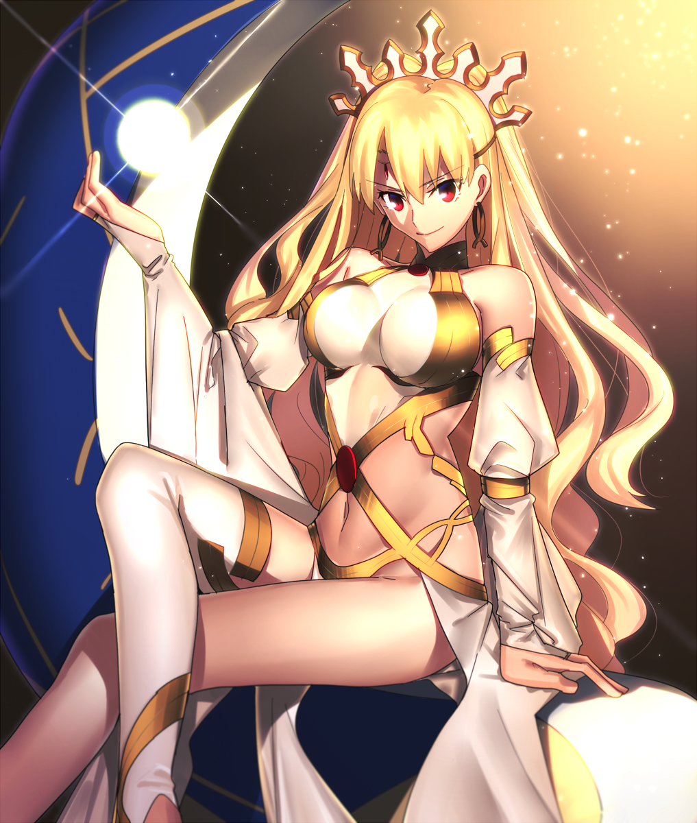 arm_up bangs blonde_hair breasts closed_mouth cosplay crossed_legs detached_sleeves earrings eyebrows_visible_through_hair fate/grand_order fate_(series) hair_between_eyes highres hoop_earrings ishtar_(fate/grand_order) ishtar_(fate/grand_order)_(cosplay) jewelry large_breasts long_hair long_legs looking_at_viewer navel red_eyes sen_(77nuvola) single_thighhigh sitting smile solo takeuchi_takashi_(style) thighhighs two_side_up wavy_hair white_legwear