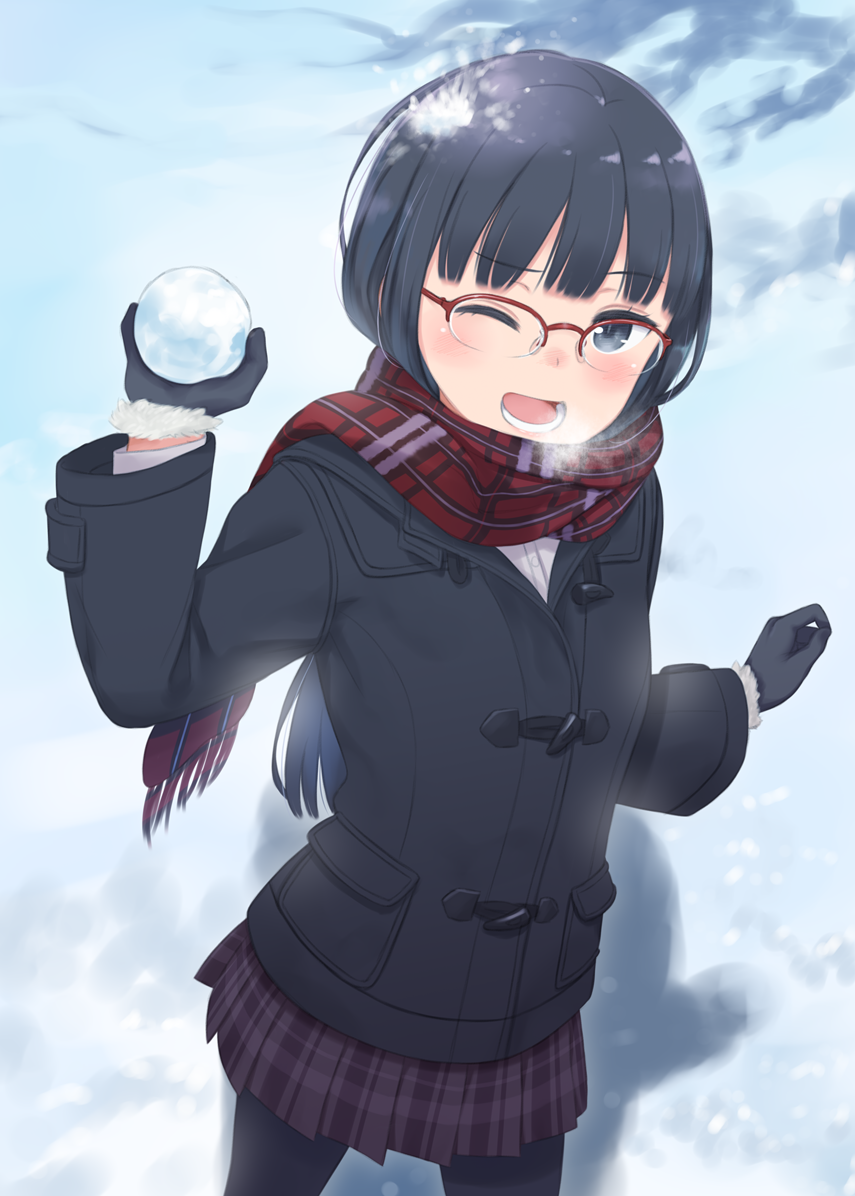 arm_up black_coat black_gloves black_hair checkered checkered_scarf coat commentary_request duffel_coat fur-trimmed_gloves fur_trim glasses gloves grey_eyes kyak_bamboo long_hair long_sleeves one_eye_closed open_mouth original pantyhose red-framed_eyewear red_scarf scarf school_uniform shirt skirt smile snow snowball snowball_fight solo white_shirt winter winter_clothes winter_coat
