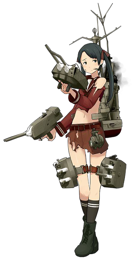 belt black_eyes black_hair black_legwear boots broken broken_weapon brown_skirt closed_mouth crossed_legs damaged full_body hair_ribbon kantai_collection long_hair looking_to_the_side mikuma_(kantai_collection) navel official_art red_ribbon ribbon rigging searchlight shibafu_(glock23) skirt smoke socks solo soot standing thigh_strap torn_clothes transparent_background trigger_discipline turret twintails weapon