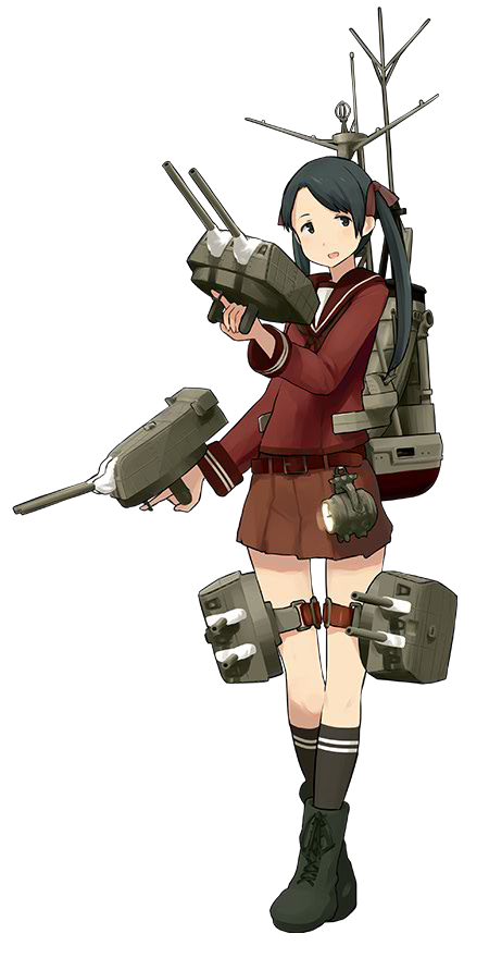 belt black_eyes black_hair black_legwear boots brown_skirt crossed_legs full_body hair_ribbon kantai_collection long_hair looking_to_the_side mikuma_(kantai_collection) official_art open_mouth red_ribbon ribbon rigging searchlight shibafu_(glock23) skirt socks solo standing thigh_strap transparent_background trigger_discipline turret twintails