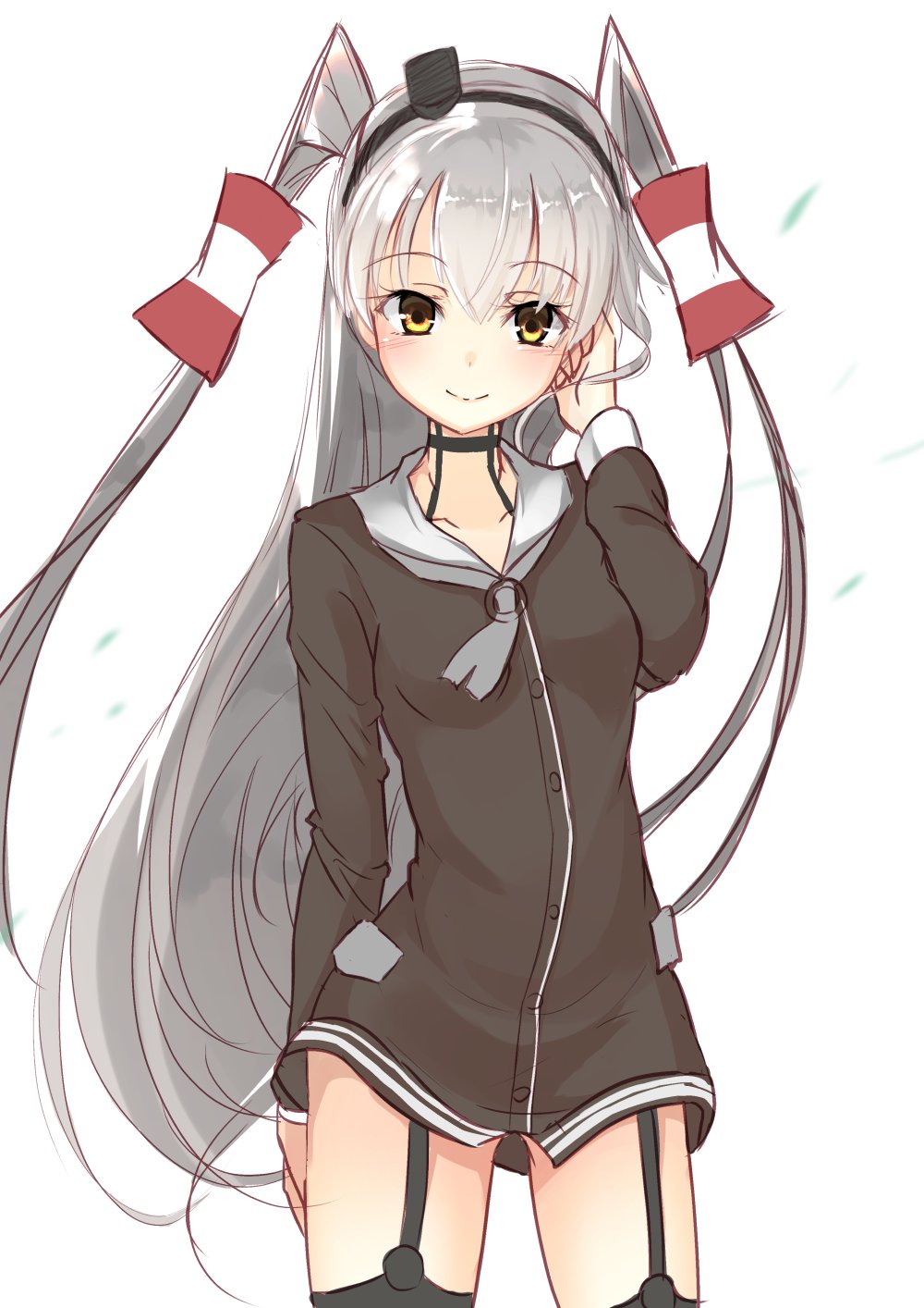 amatsukaze_(kantai_collection) brown_dress brown_eyes cowboy_shot dress garter_straps hair_tubes hand_in_hair highres inu3 kantai_collection long_hair looking_at_viewer sailor_dress silver_hair simple_background smile solo two_side_up very_long_hair white_background