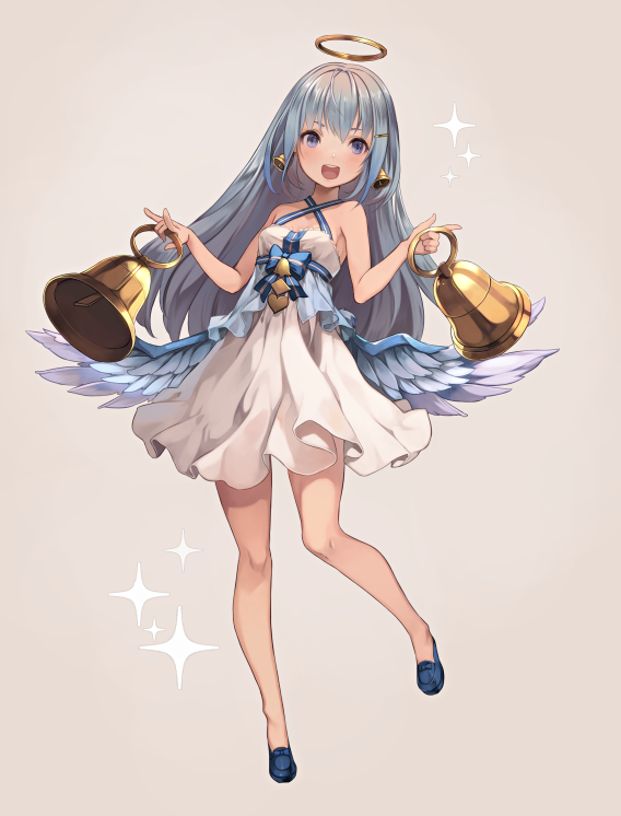 :d bangs bare_legs beige_background bell bellringer_angel blue_hair blue_wings blush criss-cross_halter dress feathered_wings full_body hair_ornament hairclip halo halterneck long_hair looking_at_viewer open_mouth riku_(wana) shadowverse sidelocks simple_background smile solo white_dress wings