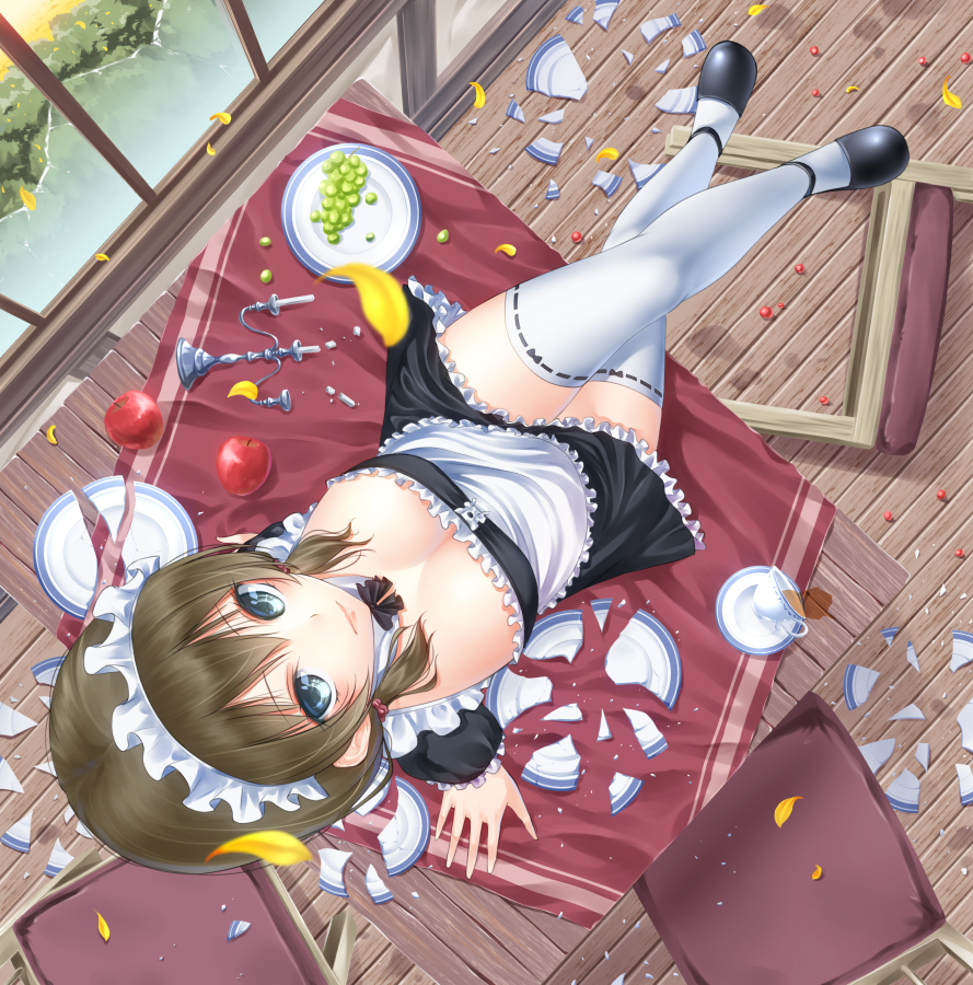 apron blue_eyes breasts broken_plate brown_hair candlestand cleavage crossed_legs dutch_angle food from_above large_breasts looking_at_viewer maid maid_apron maid_headdress original short_hair sitting solo thighhighs yamaishi_nohi