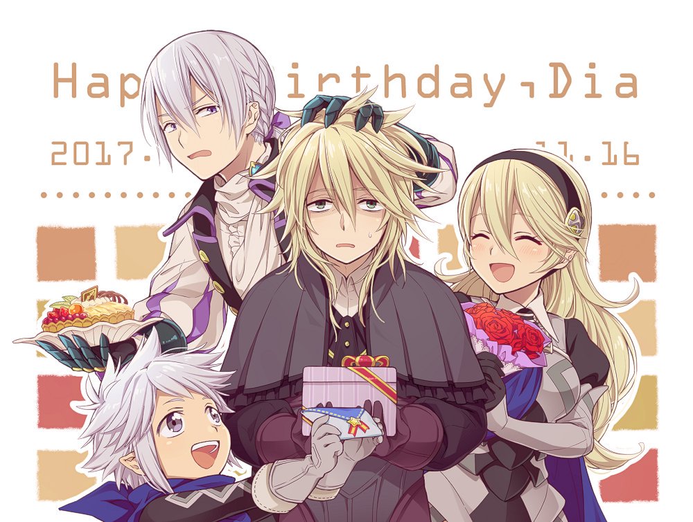 3boys armor blonde_hair blush butler cape closed_eyes deere_(fire_emblem_if) father_and_son female_my_unit_(fire_emblem_if) fire_emblem fire_emblem_if gloves grey_hair hairband hiyori_(rindou66) joker_(fire_emblem_if) kanna_(fire_emblem_if) kanna_(male)_(fire_emblem_if) long_hair looking_at_viewer low_ponytail mamkute mother_and_son multiple_boys my_unit_(fire_emblem_if) open_mouth pointy_ears ponytail purple_eyes short_hair simple_background smile white_hair