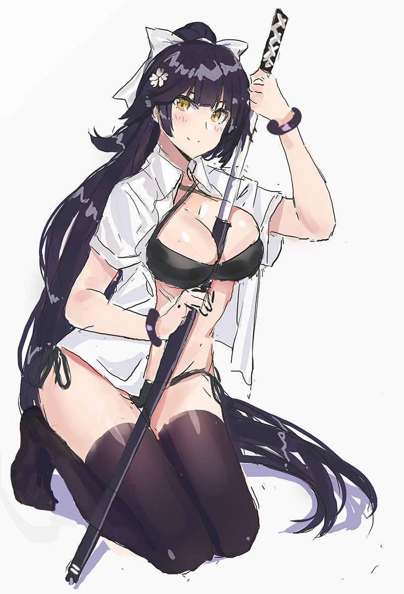 azur_lane bangs between_breasts black_hair black_legwear bow breasts brown_eyes commentary_request echj hair_bow holding holding_sword holding_weapon katana large_breasts long_hair looking_at_viewer military ponytail simple_background solo swimsuit sword takao_(azur_lane) thighhighs weapon