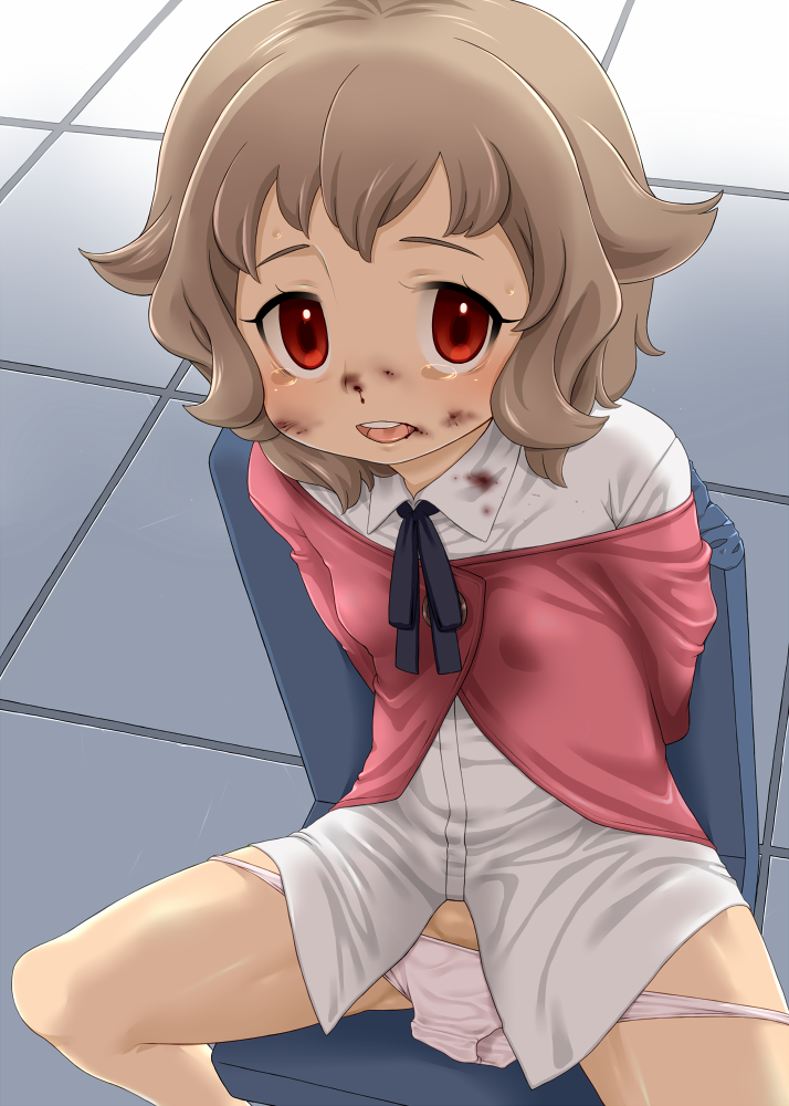 1girl atra_mixta bleeding blood bottomless female gundam gundam_tekketsu_no_orphans harukaze_unipo injury nosebleed open_mouth panties panty_pull red_eyes ryona sitting solo tears underwear