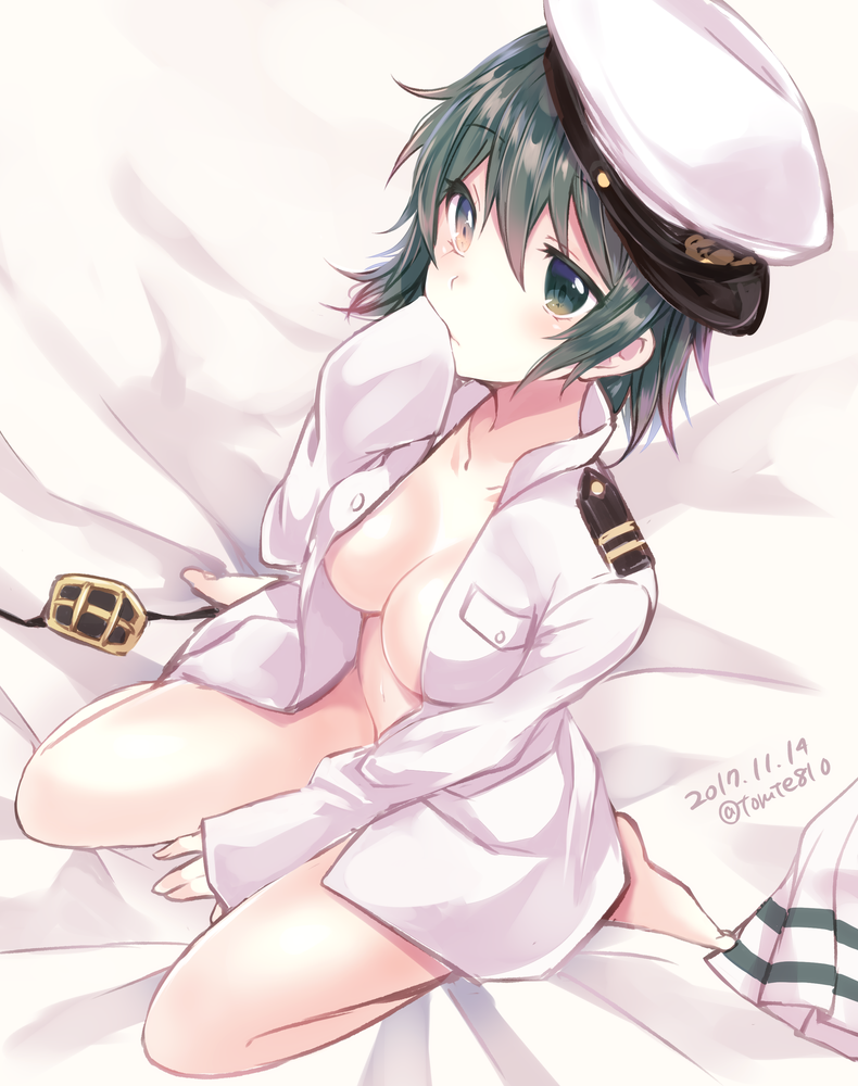 admiral_(kantai_collection) admiral_(kantai_collection)_(cosplay) barefoot bed_sheet between_legs blush breasts cleavage coat collarbone commentary_request convenient_arm cosplay dated eyebrows_visible_through_hair eyepatch eyepatch_removed full_body green_eyes green_hair groin hand_between_legs hand_on_own_face hat heterochromia jacket_on_shoulders kabocha_torute kantai_collection kiso_(kantai_collection) long_sleeves medium_breasts military military_uniform naked_coat naval_uniform no_bra no_panties open_clothes open_coat peaked_cap pleated_skirt sailor_hat short_hair sideways_hat sitting skirt skirt_removed sleeves_past_wrists solo twitter_username uniform wariza white_coat white_hat white_skirt yellow_eyes