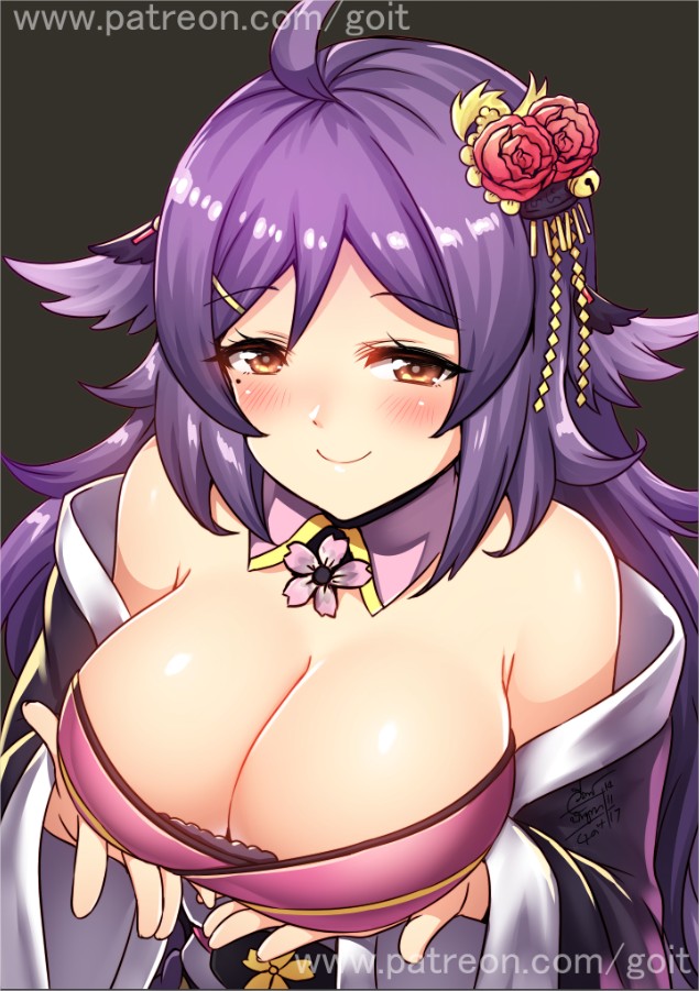 ahoge animal_ears azur_lane bare_shoulders blush breasts brown_eyes cleavage commentary_request eyebrows_visible_through_hair flower go-it hair_flower hair_ornament houshou_(azur_lane) japanese_clothes kimono large_breasts long_hair off_shoulder purple_hair smile solo watermark web_address