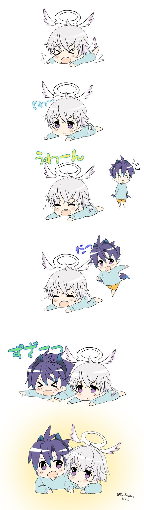 &gt;_&lt; 2boys angel angel_and_devil angel_wings blue_hair blush commentary_request crying demon_boy demon_tail demon_wings evilrugasan fang full_body halo highres horns kindergarten_uniform low_wings luke_venus male_focus mini_wings multiple_boys open_mouth pointy_ears pop-up_story purple_eyes silver_hair smile tail twitter_username white_background wings younger ziz_glover