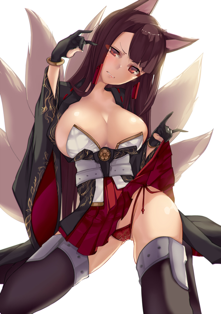 akagi_(azur_lane) animal_ears azur_lane backlighting bangs black_gloves black_kimono black_legwear blunt_bangs blush breasts brown_hair cleavage clenched_teeth commentary_request eyebrows_visible_through_hair fox_ears fox_shadow_puppet fox_tail frown gloves hakama_skirt hands_up japanese_clothes kimono kitsune kneeling large_breasts long_hair looking_at_viewer multiple_tails obi open_clothes open_kimono panties parted_lips partly_fingerless_gloves pleated_skirt red_eyes red_panties red_skirt ribbon_trim sash satou_daiji side-tie_panties simple_background skirt solo tail teeth thighhighs thighs underwear white_background