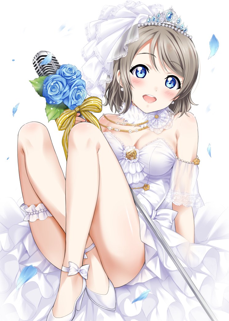 bare_legs bare_shoulders blue_eyes blue_flower blue_rose blush bouquet bow breasts bride commentary_request convenient_leg copyright_name crossed_legs detached_sleeves dress flower high_heels holding holding_microphone jewelry legs light_brown_hair looking_at_viewer love_live! love_live!_sunshine!! medium_breasts microphone open_mouth petals ribbon rose rozen5 see-through_silhouette short_hair sitting solo strapless thigh_strap thighs tiara veil watanabe_you wedding_dress white_dress white_footwear yellow_ribbon