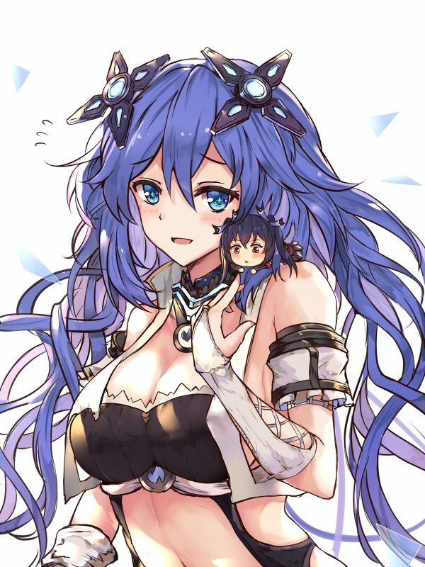 :d :o arm_strap bare_shoulders black_hair blue_eyes blush breasts bridal_gauntlets chibi cleavage crop_top large_breasts long_hair multiple_girls navel neptune_(series) next_purple noire on_shoulder open_clothes open_mouth open_vest power_symbol purple_hair purple_heart red_eyes shin_jigen_game_neptune_vii simple_background smile symbol-shaped_pupils twintails upper_body very_long_hair vest white_background white_crow white_vest