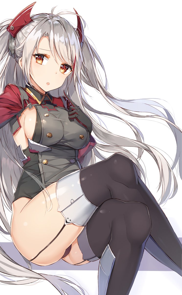 :o ahoge azur_lane bangs black_gloves black_leotard blush breasts brown_eyes commentary_request crossed_legs garter_straps gloves headgear highlights highres iron_cross large_breasts legs leotard long_hair long_sleeves looking_at_viewer md5_mismatch multicolored_hair open_mouth prinz_eugen_(azur_lane) red_hair rikoma sideboob sidelocks silver_hair simple_background sitting solo thighhighs thighs two_side_up very_long_hair white_background