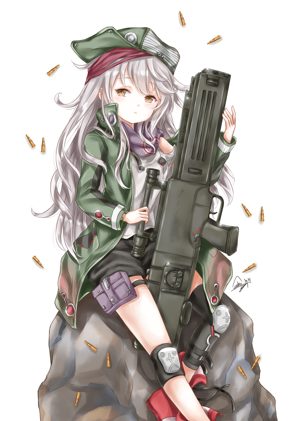 :t assault_rifle black_shorts blush brown_eyes bullet chohee closed_mouth eyebrows_visible_through_hair g11 g11_(girls_frontline) girls_frontline green_hat green_jacket gun hair_between_eyes hat head_tilt highres holding holding_gun holding_weapon jacket knee_pads long_hair long_sleeves looking_at_viewer open_clothes open_jacket red_footwear rifle rock shirt shorts signature silver_hair simple_background sitting solo thigh_strap very_long_hair weapon white_background white_shirt