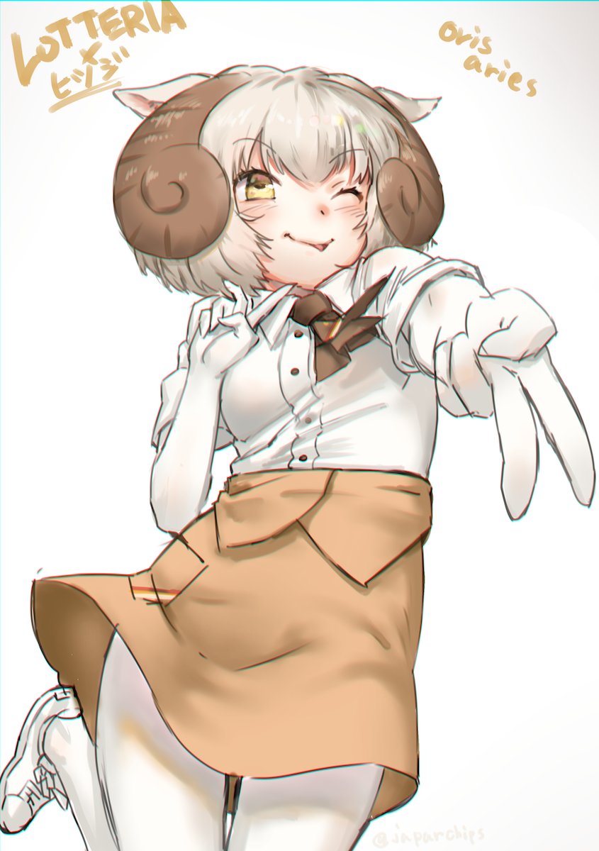 ;p alternate_costume animal_ears blush brown_neckwear brown_skirt buttons character_name collared_shirt commentary_request employee_uniform eyebrows_visible_through_hair fast_food_uniform finger_to_chin foreshortening gloves highres horns japarichips_(artist) kemono_friends leg_up looking_at_viewer lotteria one_eye_closed pantyhose reaching_out scientific_name sheep_(kemono_friends) sheep_ears sheep_horns shirt short_hair short_sleeves simple_background skirt solo tongue tongue_out twitter_username uniform v white_background white_footwear white_gloves white_hair white_legwear white_shirt yellow_eyes
