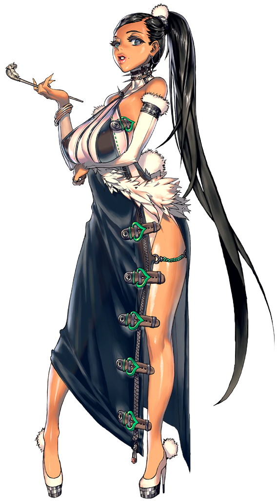 black_hair blue_eyes bracelet breast_hold breasts covered_nipples destiny_child detached_sleeves dress earrings full_body fur_trim high_heels high_ponytail holding holding_pipe jewelry kim_hyung_tae lan_faye_(destiny_child) large_breasts long_hair looking_at_viewer mole mole_under_mouth no_bangs official_art parted_lips pigeon-toed pipe pumps shiny shiny_skin side_slit simple_background solo turtleneck very_long_hair white_background zipper