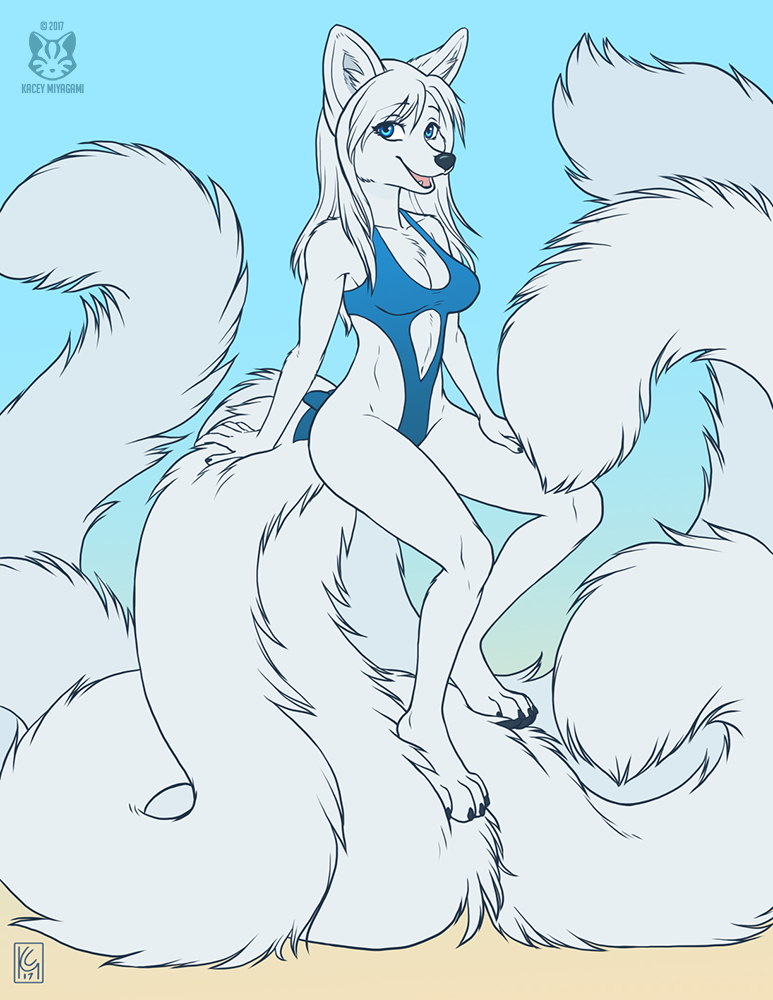 2017 anthro barefoot black_nose blue_background blue_eyes breasts canine clothed clothing digital_media_(artwork) dreamspinner female fur kacey krinele mammal multi_tail navel one-piece_swimsuit simple_background skimpy smile solo swimsuit white_fur