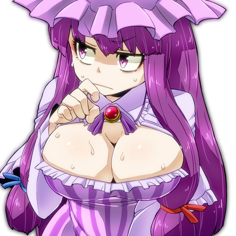 aono3 breasts brooch capelet cleavage cleavage_cutout commentary_request dress eyebrows_visible_through_hair furrowed_eyebrows hat jewelry large_breasts long_hair looking_to_the_side mob_cap patchouli_knowledge purple_eyes purple_hair shiny shiny_hair solo striped striped_dress sweat touhou very_long_hair white_background